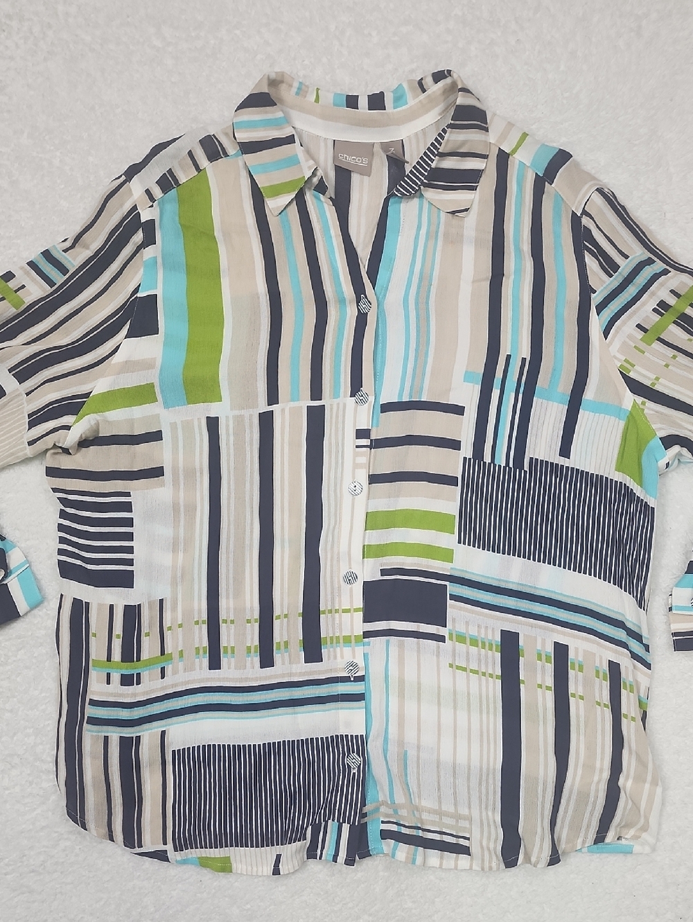 Chico's Striped Multicolor Button Down Blouse With Roll Tab Sleeves